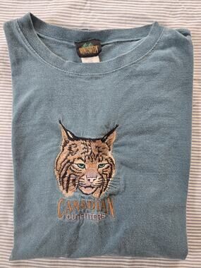 Vtg Single Stitch Men's Blue Canada Outfitters Embroidery Bobcat Tshirt 2XL Lynx